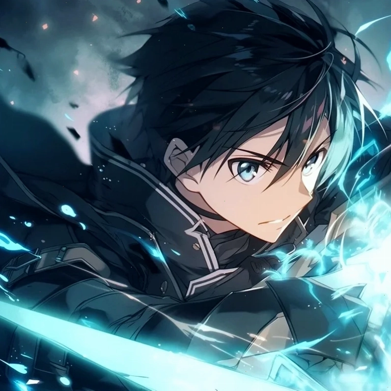 Anh Kirito với ánh mắt sắc bén và trang phục chiến đấu