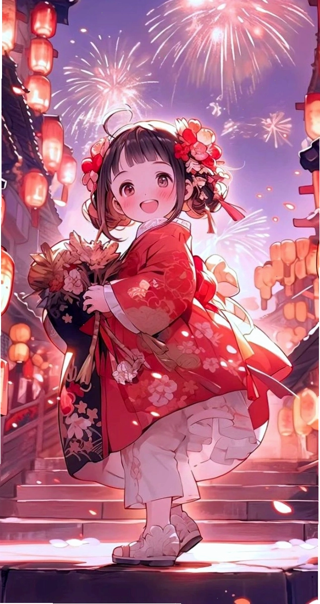Anime bé gái và đèn lồng mang không khí Tết