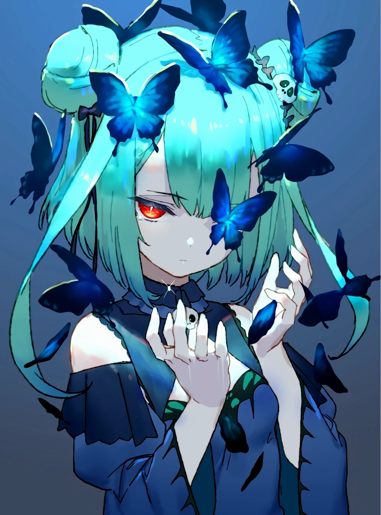 Anime nữ tóc xanh dương với đôi cánh và bướm