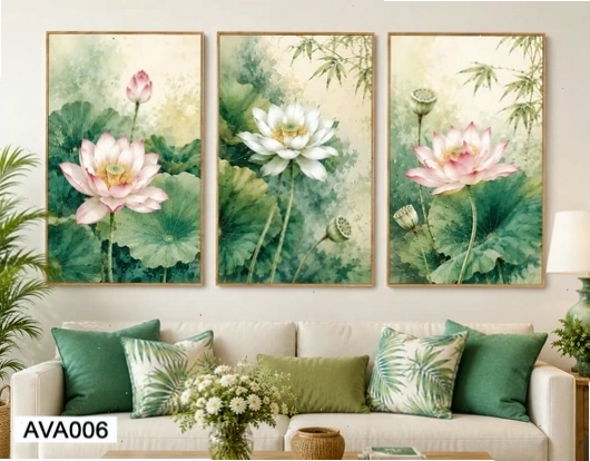 Bộ 3 tranh hoa sen hồng đua sắc thắm