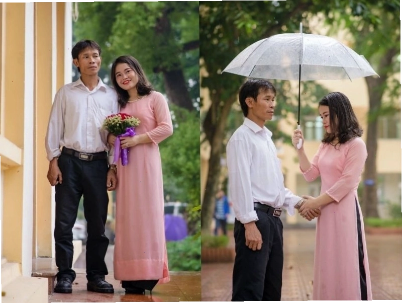 Bố mặc áo sơ mi và quần tây chụp ảnh kỷ yếu cùng con gái