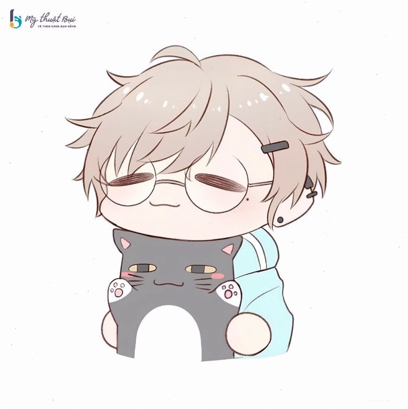 Chàng trai anime chibi với mái tóc đen, trang phục áo khoác đen và biểu cảm lạnh lùng