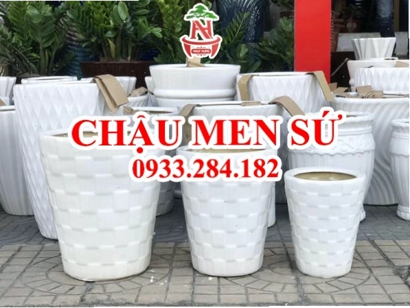 Chậu men sứ tròn trang trí hoa văn