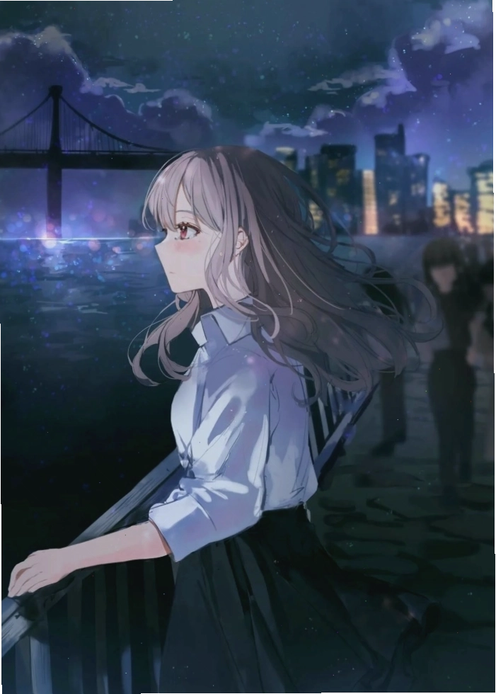Cô gái anime buồn ngồi dưới bầu trời đêm