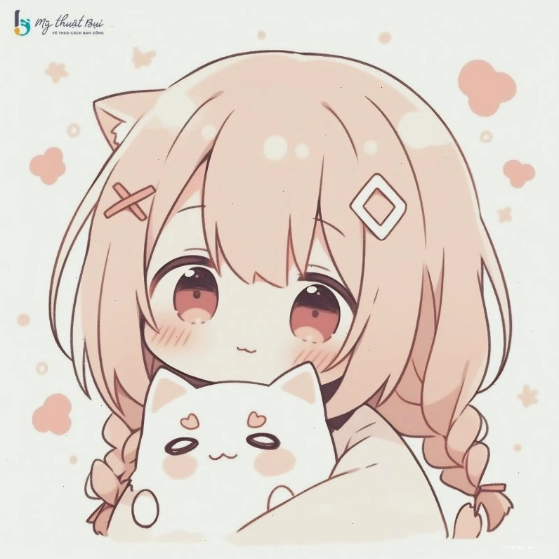Cô gái anime chibi với đôi mắt to tròn và mái tóc màu hồng dễ thương