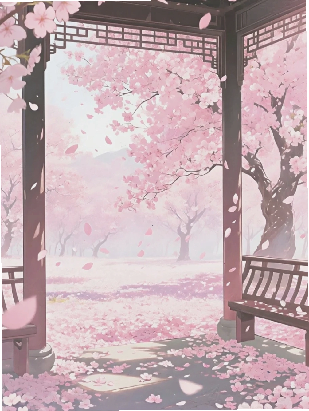 Cô gái anime dễ thương bên hoa anh đào trên điện thoại