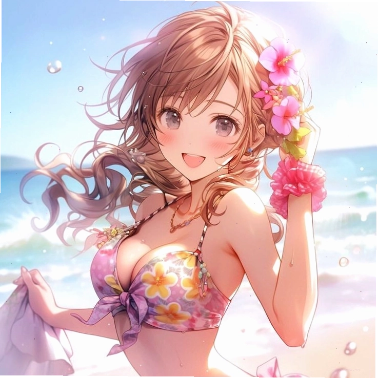 Cô gái anime mặc bikini màu cam tươi tắn