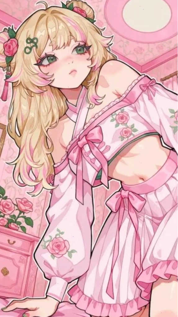 Cô gái anime mặc trang phục hoa màu hồng, tóc vàng, phụ kiện hoa hồng và mắt xanh