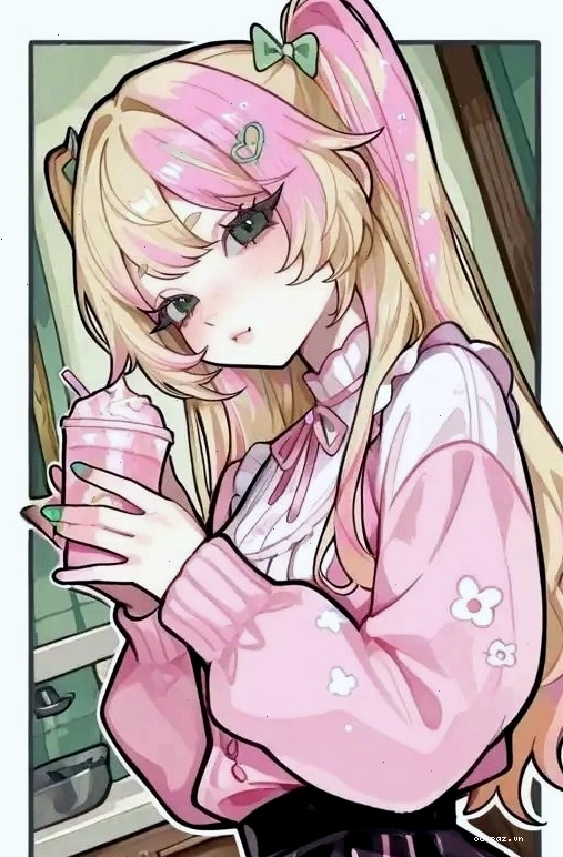 Cô gái anime tóc hồng uống sữa lắc, mặc áo len hồng có hoa văn