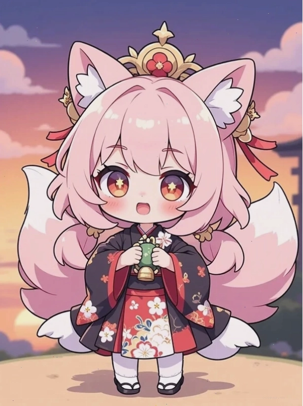 Cô gái chibi tóc hồng ngồi trên vách tường, tay cầm điện thoại