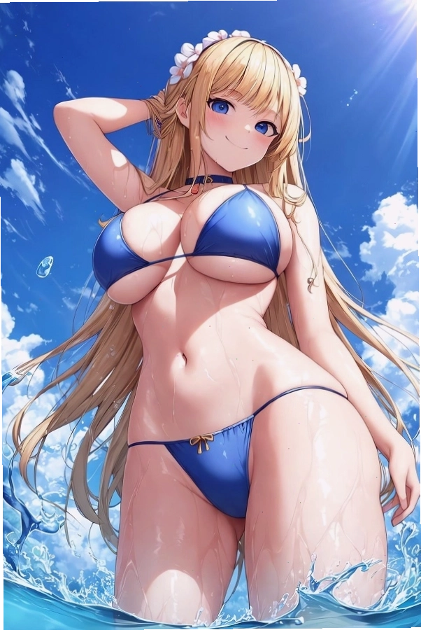 Gái anime mặc đồ bơi họa tiết hoa, cười rạng rỡ