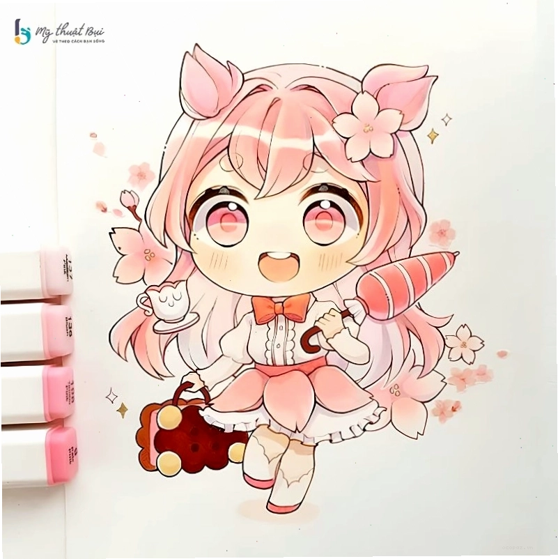 Hình ảnh chibi nữ đang cầm một bó hoa nhỏ