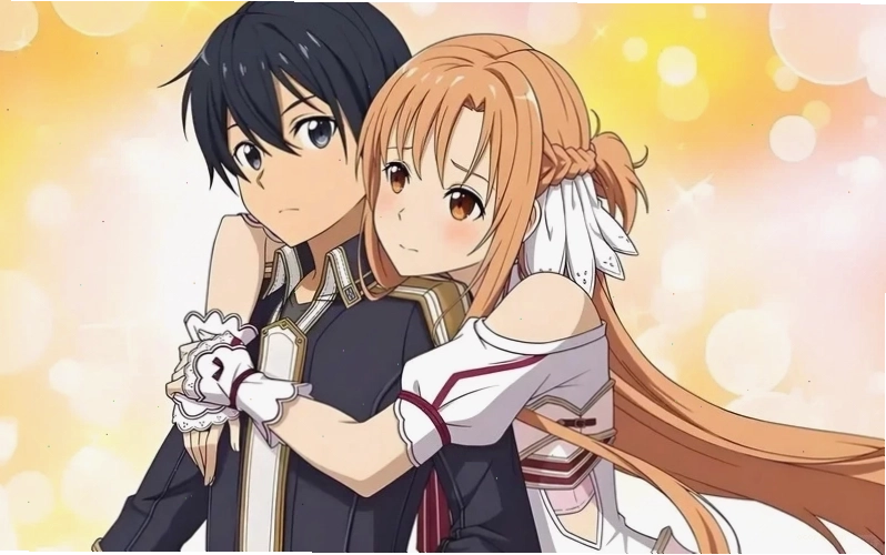 Hình ảnh Kirito và Asuna nắm tay nhau, thể hiện tình cảm lãng mạn