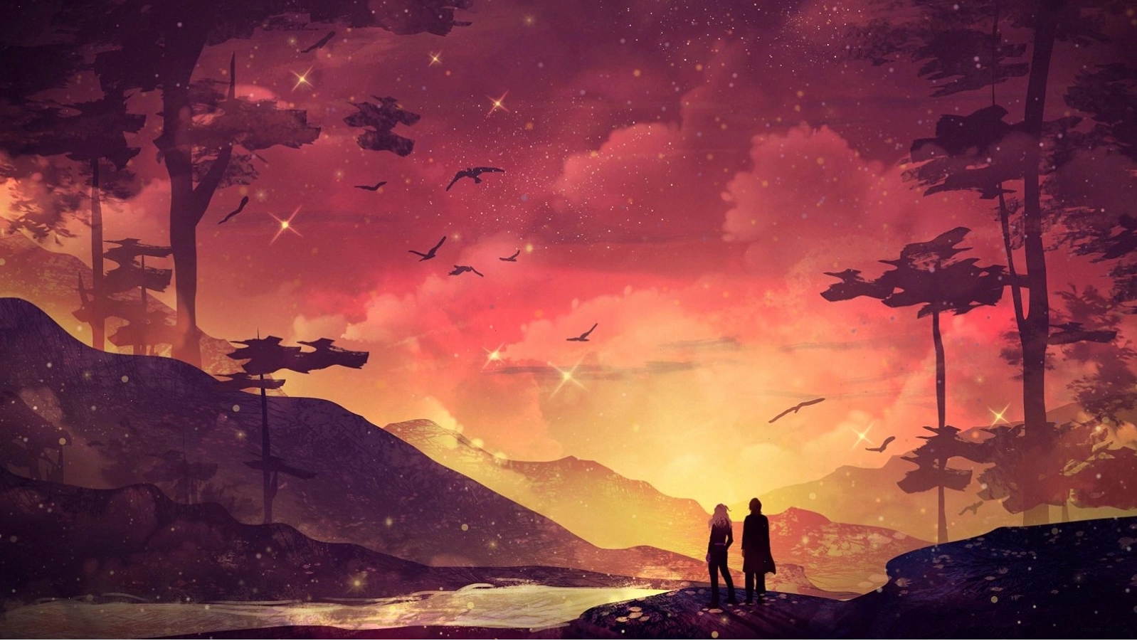 Hình nền anime chill với hồ nước yên ả