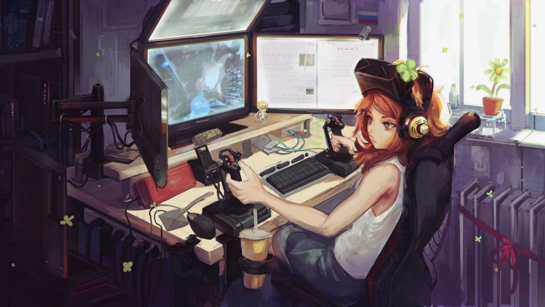 Hình nền anime nữ dễ thương khi chơi game