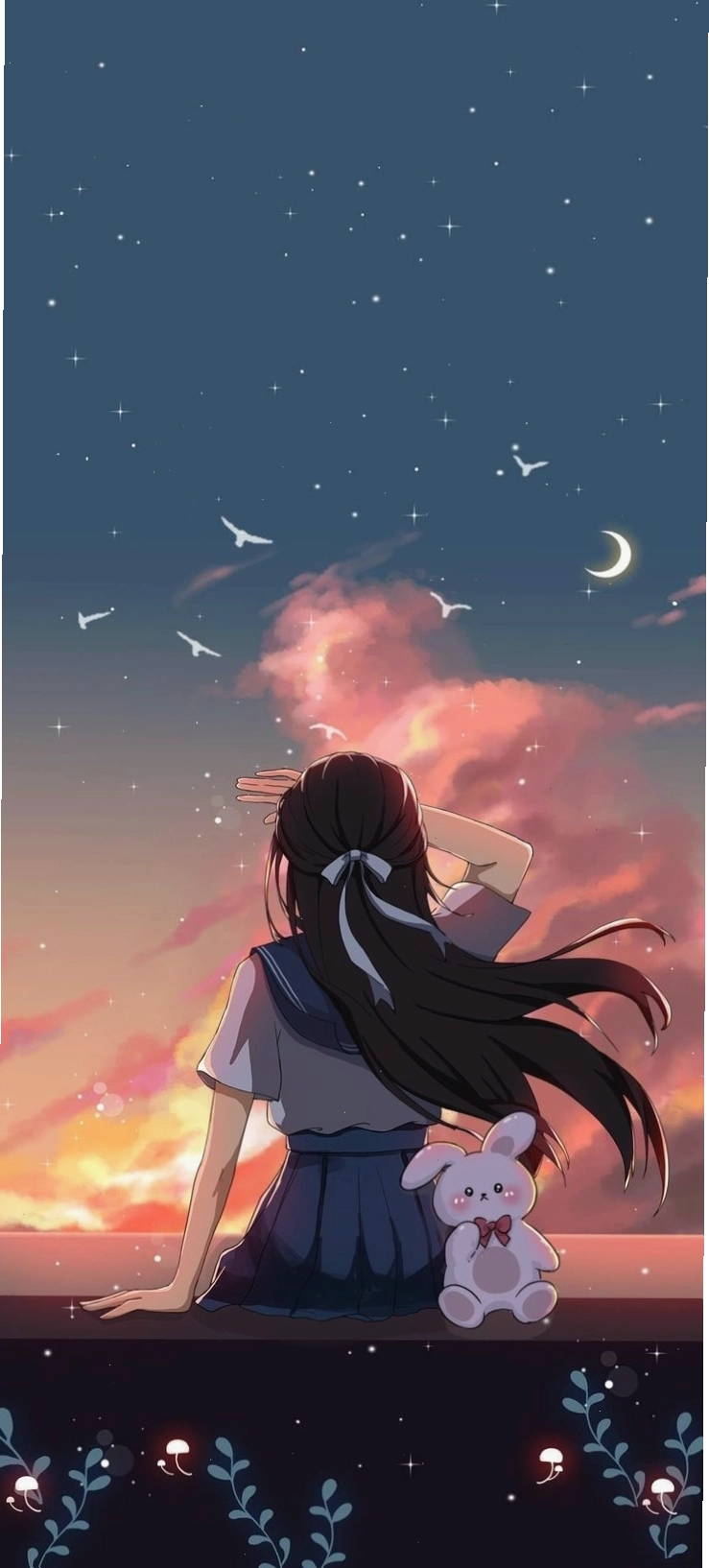 Hình nền điện thoại cô gái anime với khung cảnh hoàng hôn lãng mạn