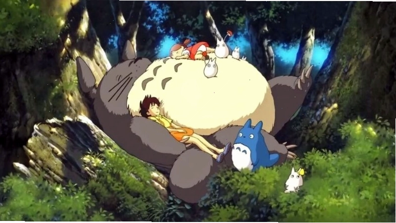 Hình nền máy tính anime phong cảnh với nhân vật Totoro dưới ánh hoàng hôn