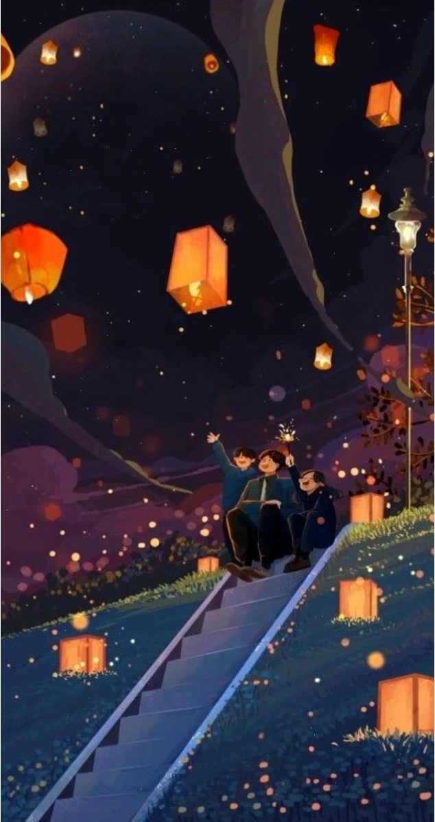 Hình nền Tết anime với đèn lồng rực rỡ