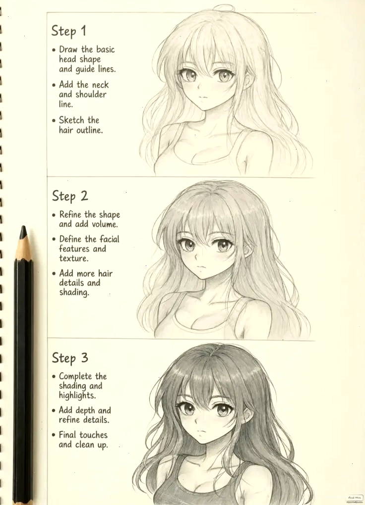 Hướng dẫn vẽ nhân vật anime từng bước, tập trung vào đầu, tóc và nét mặt