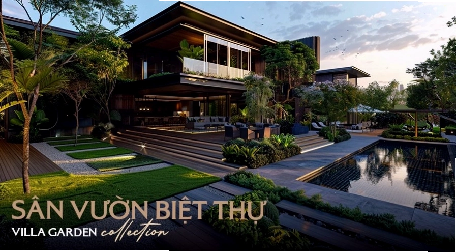Mẫu biệt thự sân vườn đẹp phong cách hiện đại với hồ bơi xanh mát