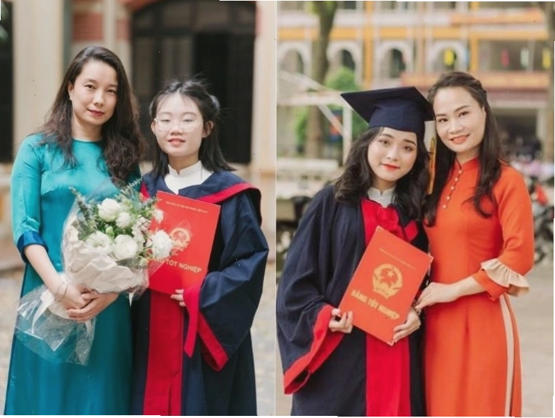Mẹ mặc áo dài chụp ảnh kỷ yếu cùng con gái