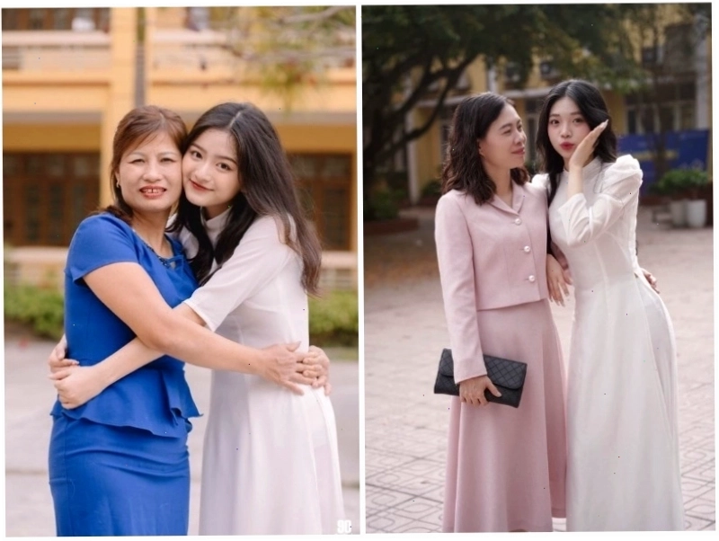 Mẹ mặc áo sơ mi và quần tây chụp ảnh kỷ yếu cùng con gái
