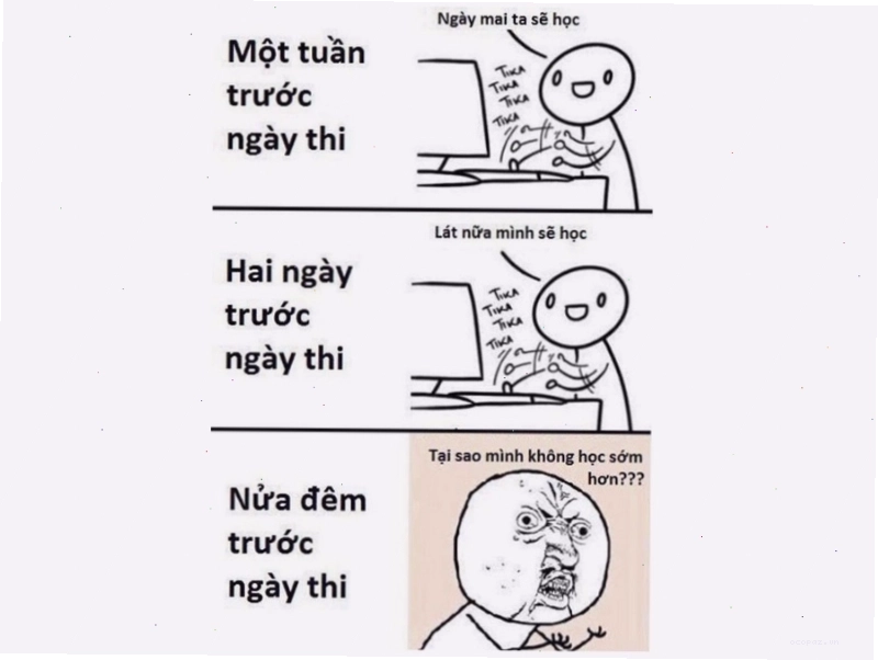 Meme "Ôn tập trước ngày thi" cho thấy sự căng thẳng và gấp rút