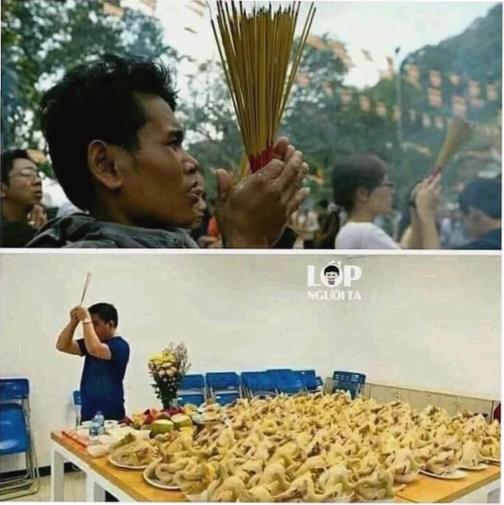Meme thắp hương và cúng với rất nhiều đĩa thịt gà
