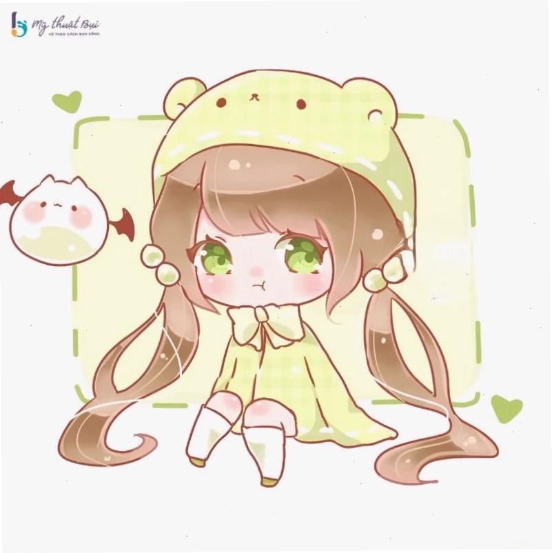 Nhân vật anime chibi đang ngồi trên xích đu, tay cầm kẹo mút