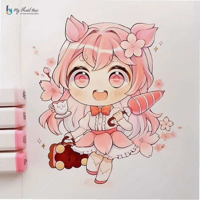 Nhân vật anime chibi được tô màu với tông màu hồng và xanh chủ đạo