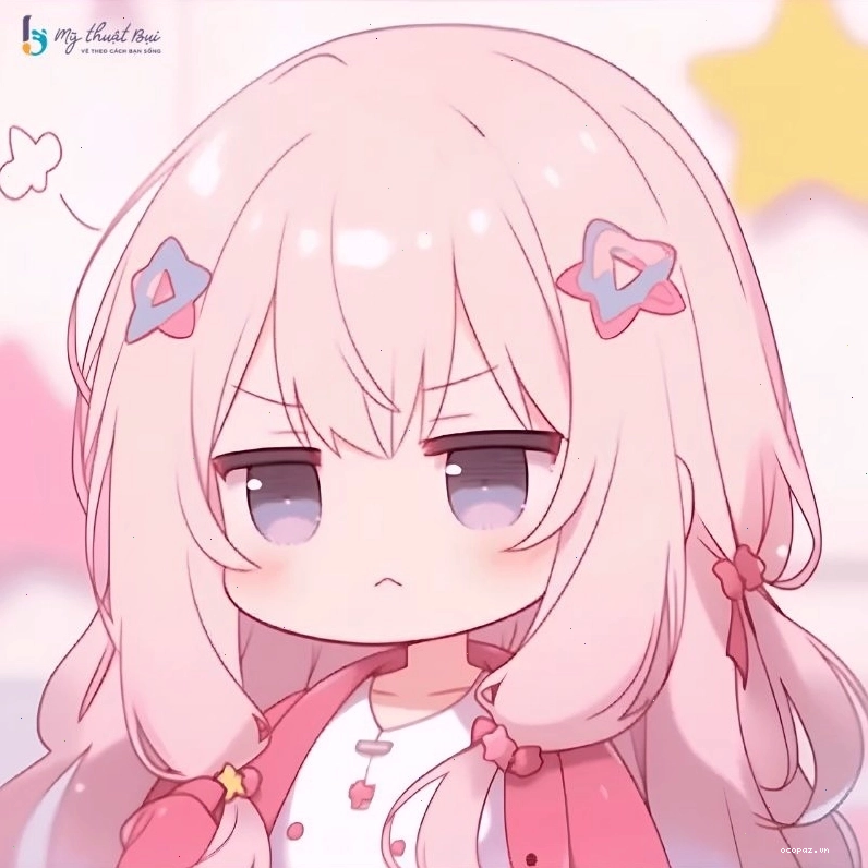 Nhân vật anime chibi nữ diện váy tím với biểu cảm ngạc nhiên