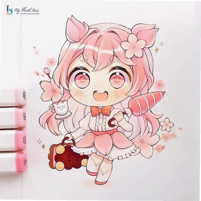 Nhân vật anime chibi nữ mặc trang phục xanh dương, tỏa sáng như thiên thần