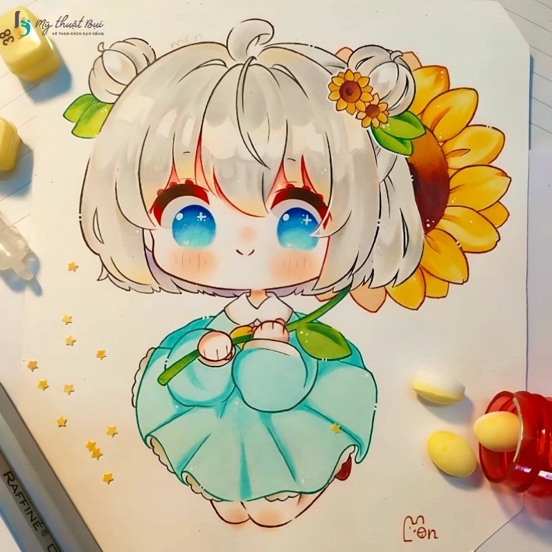 Nhân vật anime chibi nữ ngồi trên đám mây, trông rất mơ mộng