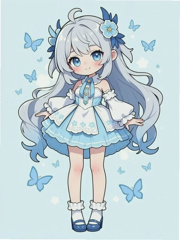 Nhân vật chibi nữ tóc tím, mặc trang phục pháp sư