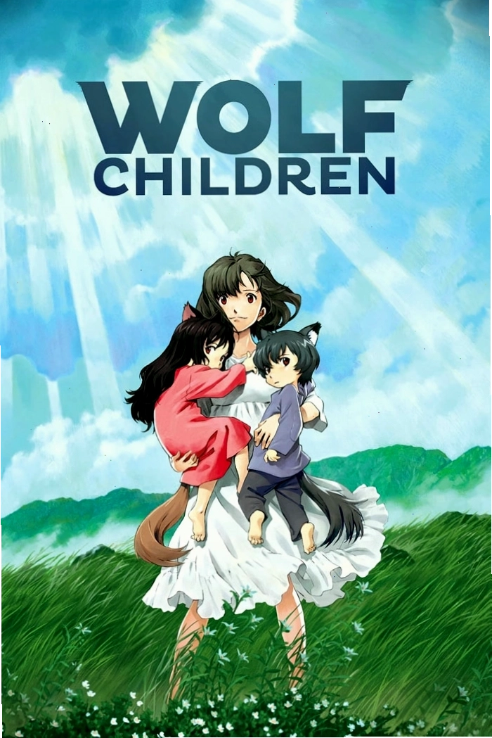 Poster phim Wolf Children với hình ảnh hai đứa trẻ bên cạnh người sói