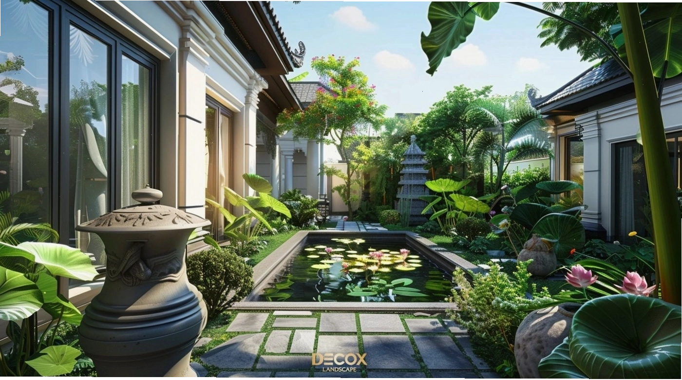 Sân vườn biệt thự phong cách Nhật Bản với hồ cá Koi và cây cảnh