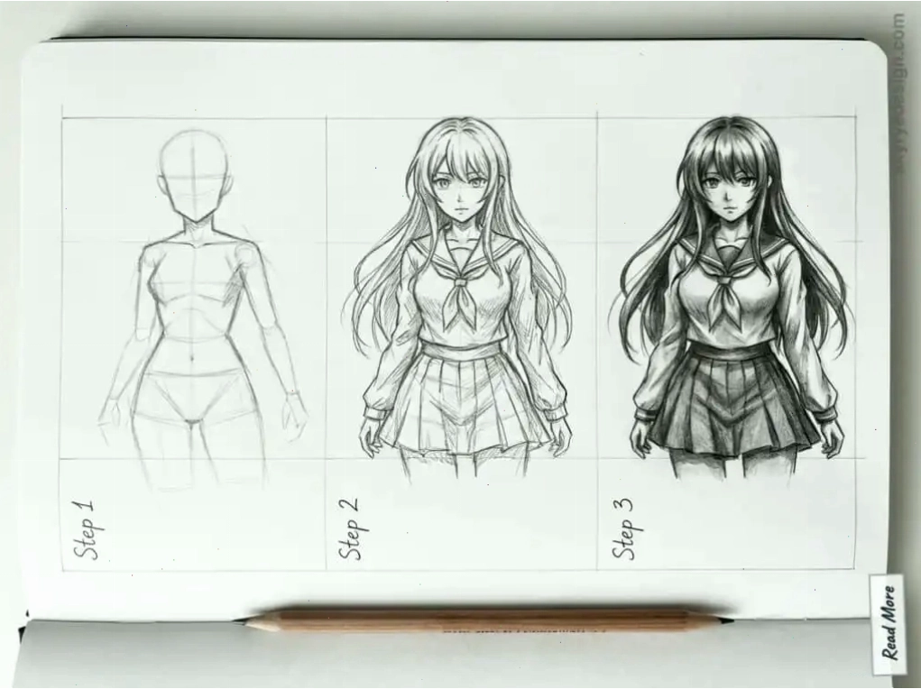 Trang sổ phác thảo với quy trình ba bước vẽ cô gái anime