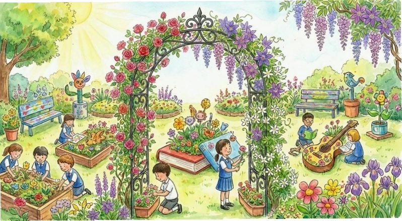 Tranh vẽ vườn hoa với các gam màu tươi sáng, rực rỡ