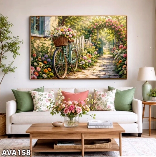 Tranh xe đạp chở đầy hoa tươi mang vẻ đẹp lãng mạn