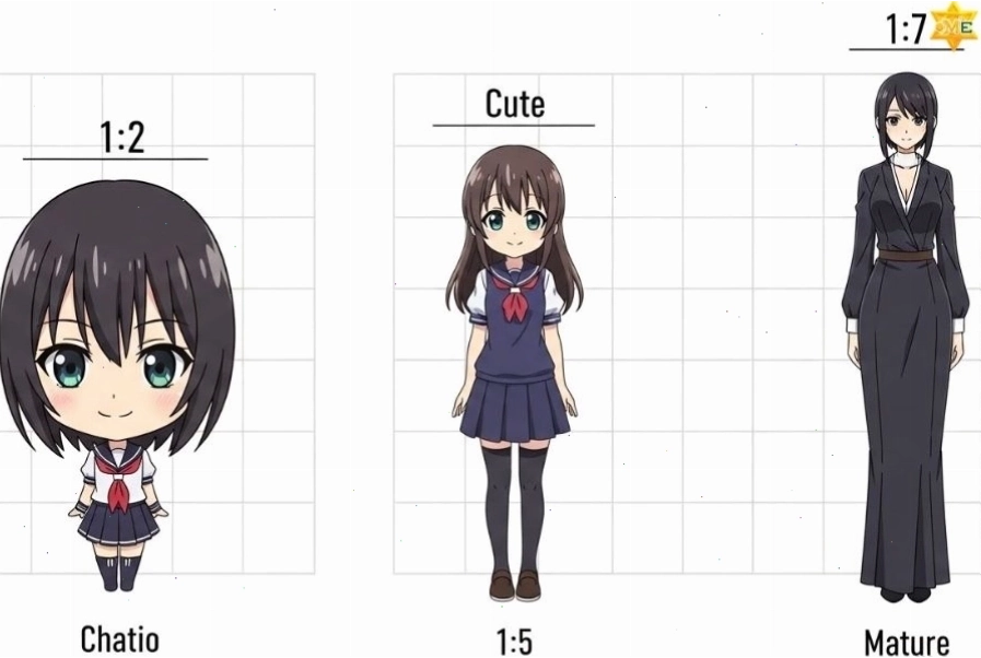 Vẽ dáng người anime nữ đứng thẳng với trang phục và tóc