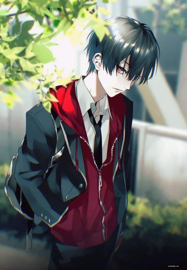 anime boy lạnh lùng với mái tóc đen dài và trang phục ấn tượng